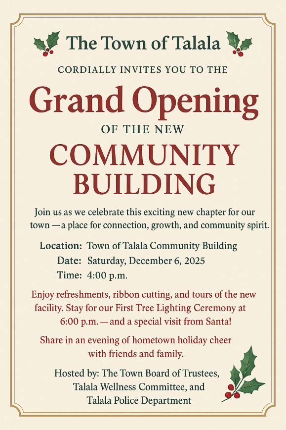 Flyer for the Community Room grand opening on Saturday, December 6, 2025, 4 to 6 p.m.