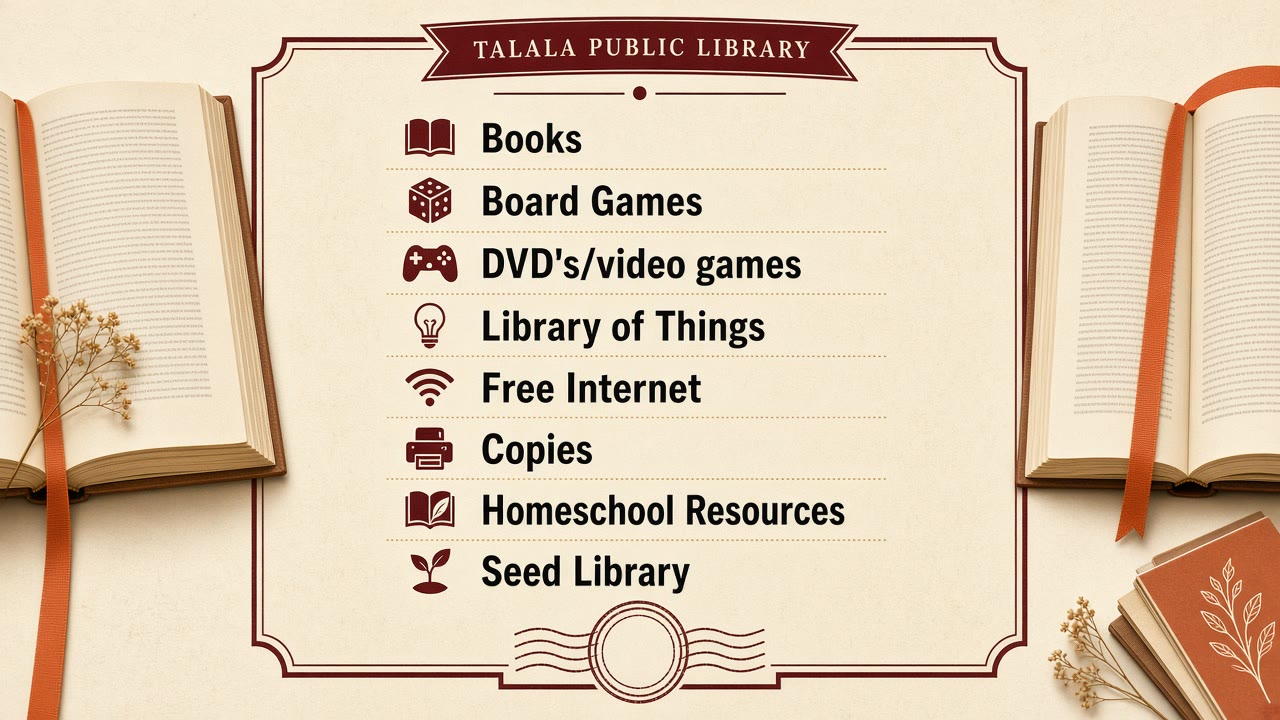 List of what you can borrow and use at Talala Public Library