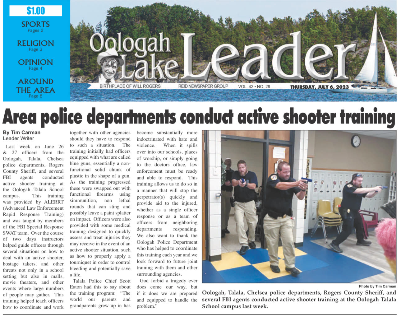 Oologah Lake Leader clipping, July 6, 2023: ALERRT active shooter training with Oologah, Talala, and Chelsea Police, Rogers County Sheriff’s Office, and the FBI